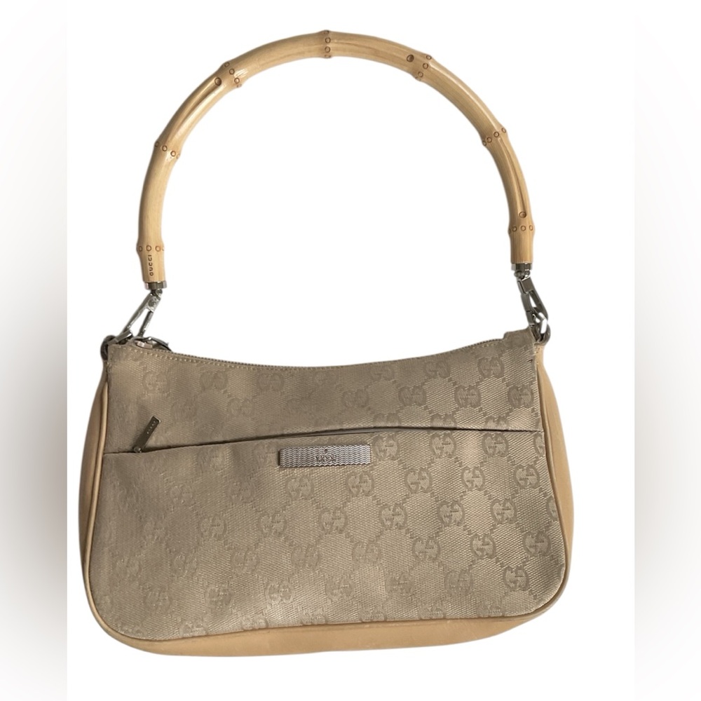 Gucci Tan Canvas Shoulder Bag with Bamboo Handle